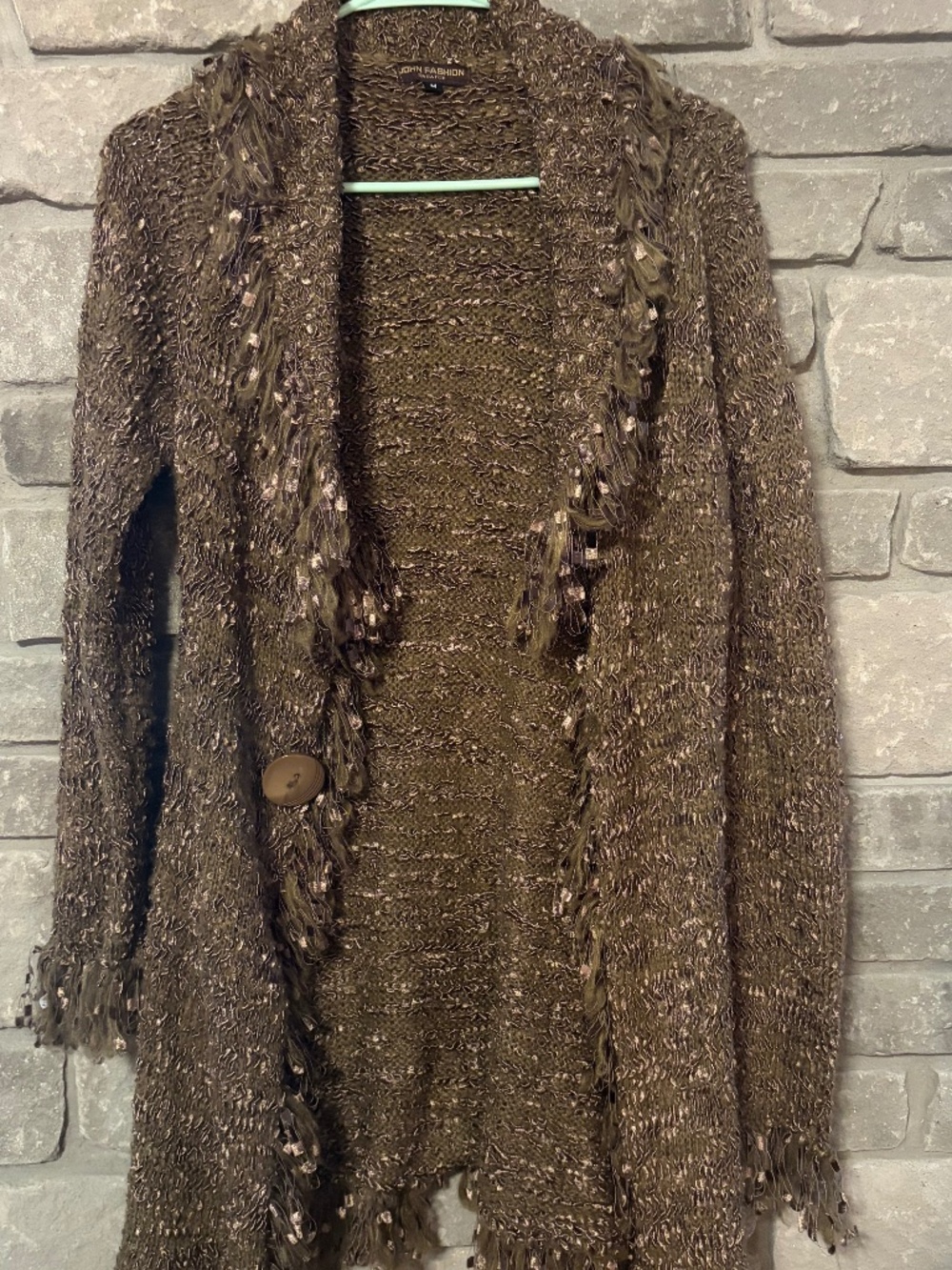John Fashion Chunky Fringe Cardigan Olive Brown Open Front Boho Sweater Size M